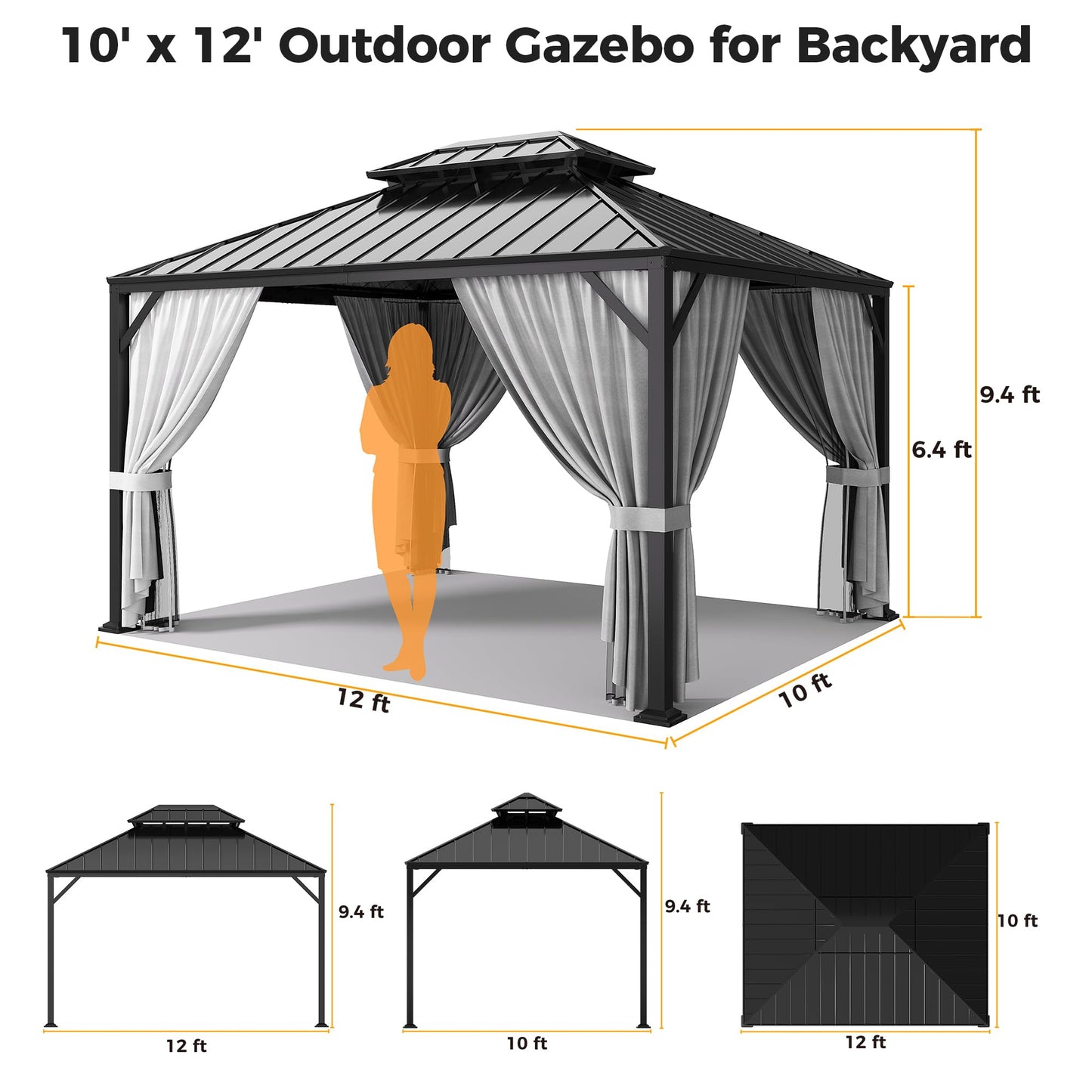 IRONCK 12'x10' Hardtop Gazebo, Update Aluminum Frame Gazebo with Galvanized Steel Double Roof, Outdoor Pergola with Curtain and Net, Backyard Canopy for Garden, Deck, Gray and Black