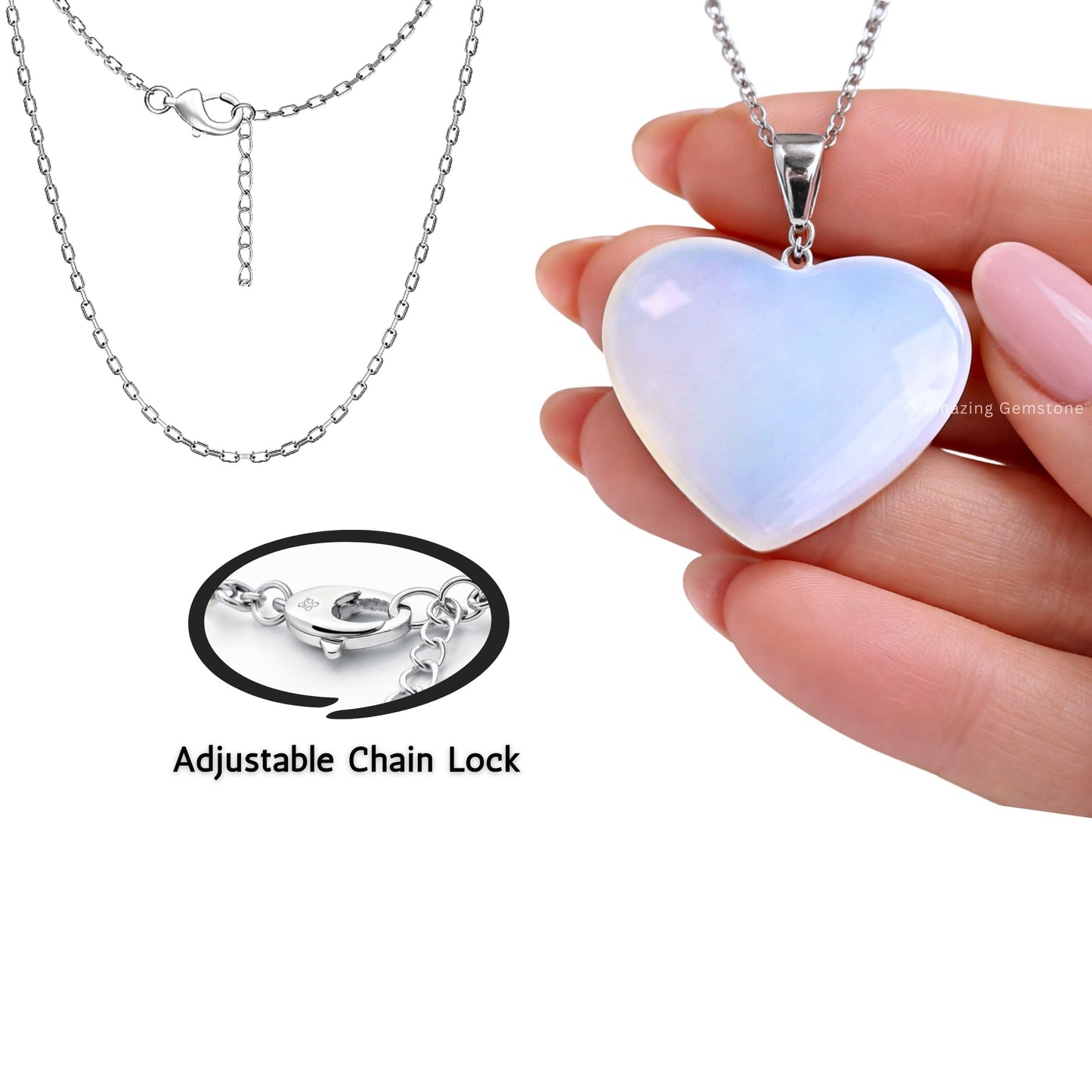 Opalite Neck lace - Healing Crystal Neck lace with Opalite Heart by Taylor - Elegant Jewelry for Energy Balance and Spiritual Healing - Gift for Women on Mothers Day, Christmas, Valentine (Flat Heart)