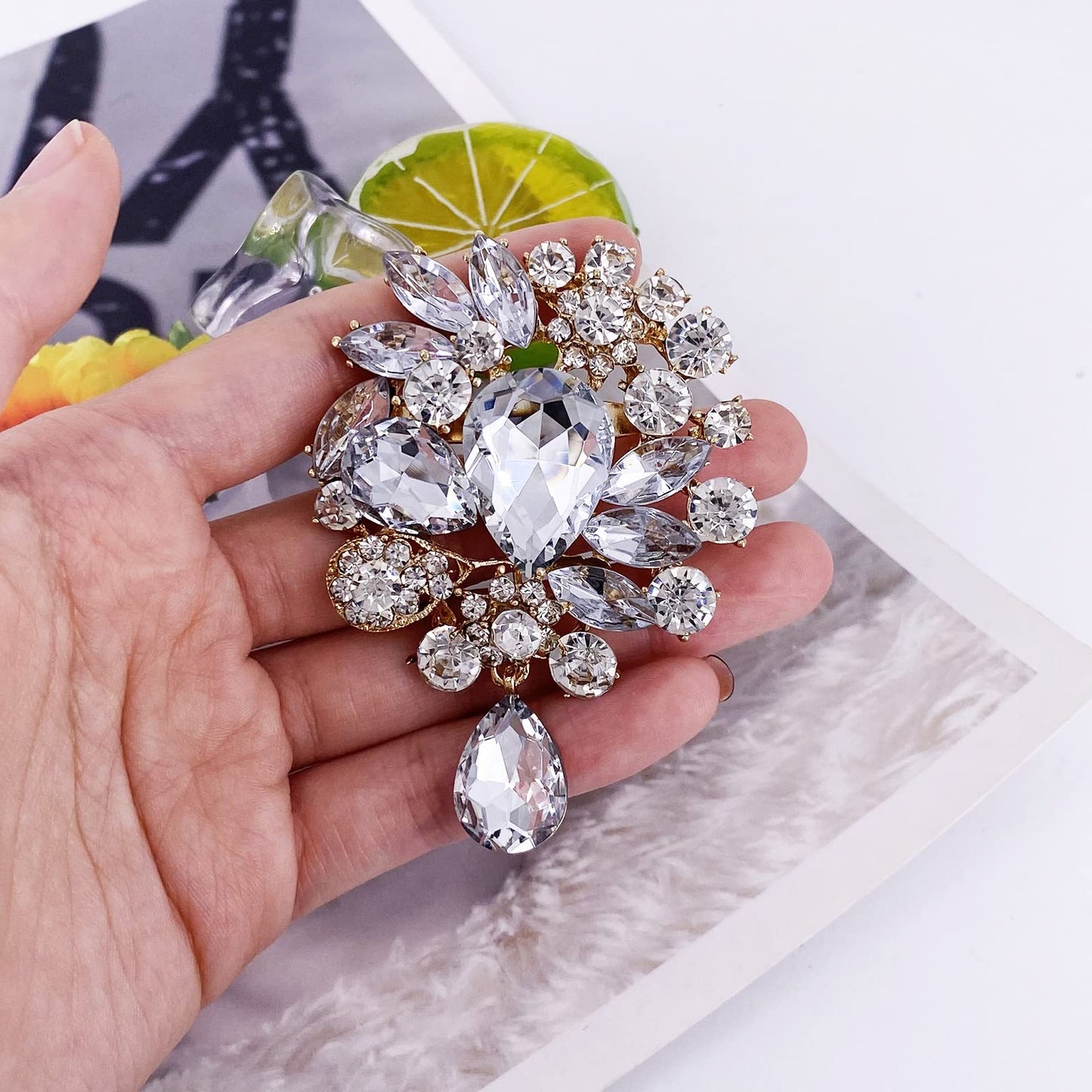 LAXPICOL Wedding Bridal Big Clear Crystal Rhinestone Bouquet Teardrop Brooch Pin for Women Gold Tone