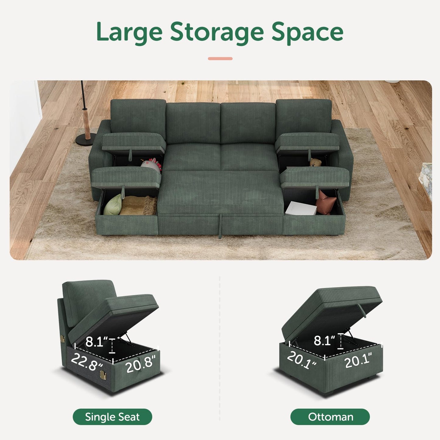 HONBAY Modular Sectional Sleeper Sofa Bed, Corduroy Pull Out Couch with Storage Ottoman, U Shaped Sectional Couches for Living Room, Green