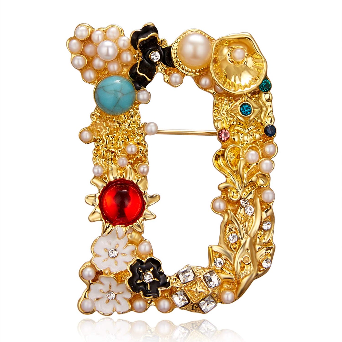 RINHOO Pearl Initial Brooch Pin Crystal A-Z 26 Alphabet Letters Brooch Colorful Enamel Breastpin Pin Jewelry for women Gifts (D)