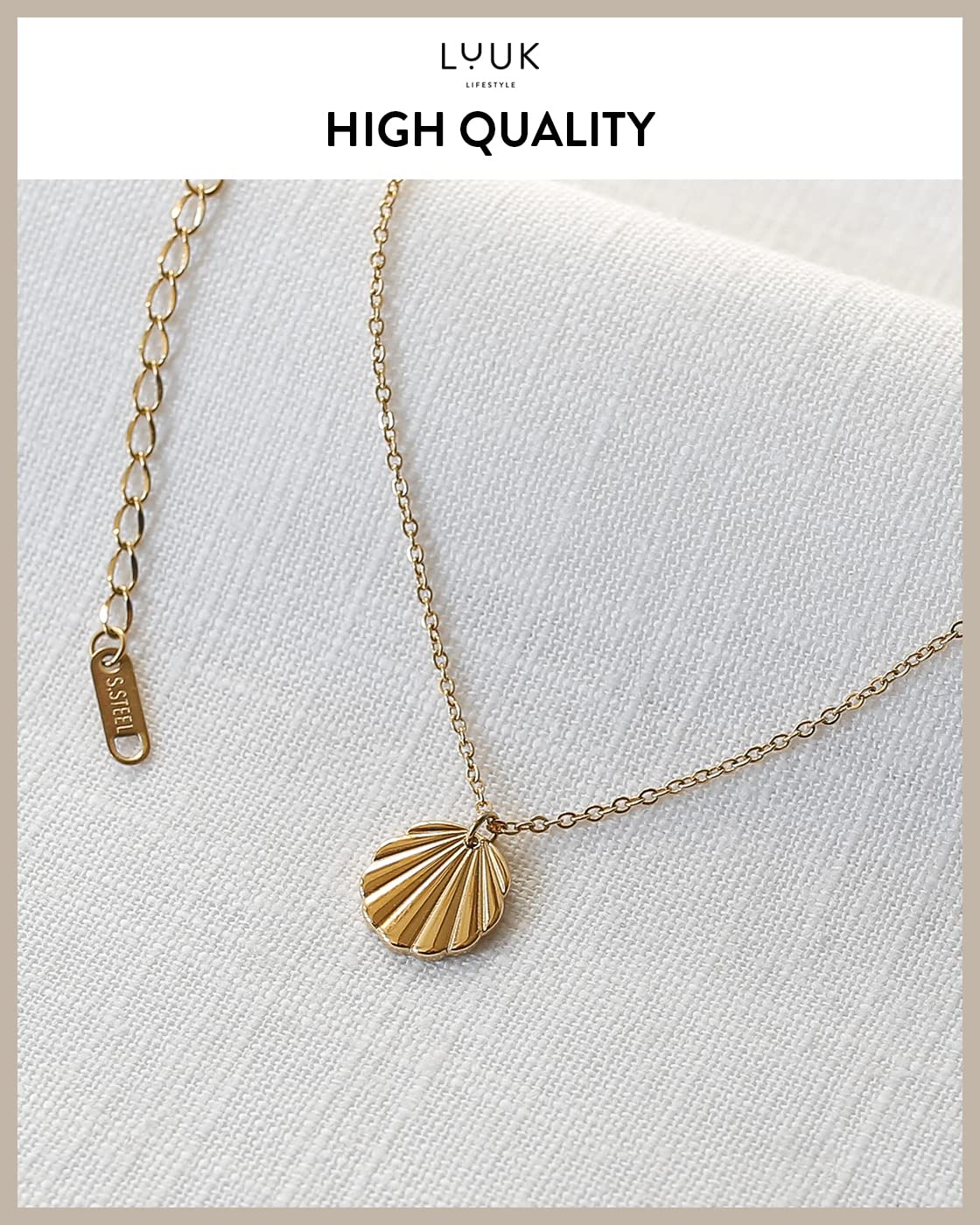 LUUK LIFESTYLE Stainless steel necklace for women with shell pendant and HAPPINESS gift card, lucky charm, jewellery, beauty symbol, 19” adjustable chain length, trendy fashion accessory, gold