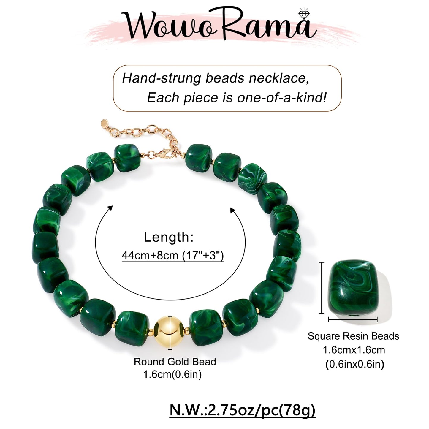 WOWORAMA Green Beaded Necklace for Women Trendy Chunky Statement Choker Necklaces Dark Green Large Square Resin Beads Necklace Y2k Boho Summer Jewelry