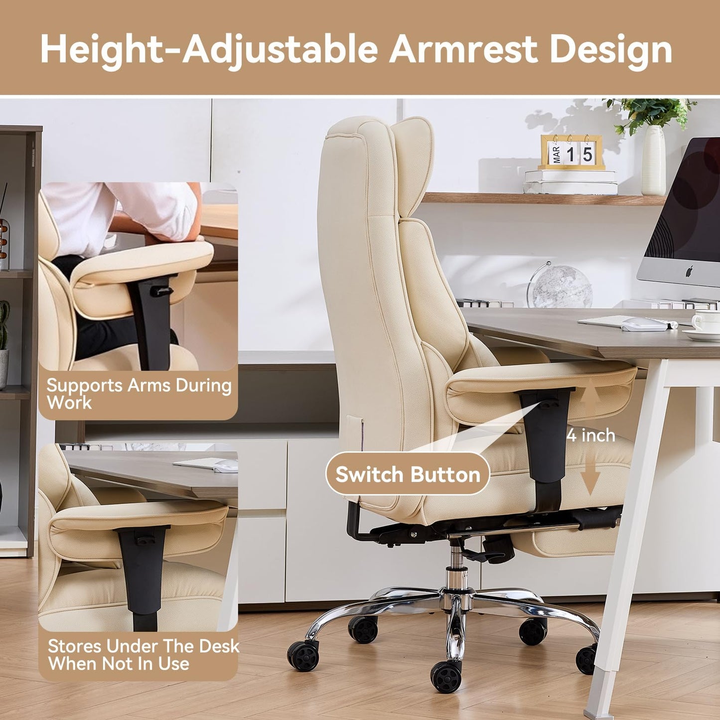 Efomao Big and Tall Office Chair with Footrest - Breathable Mesh Executive Chair, Heavy Duty Computer Desk Chair for Home Office, Ergonomic Lumbar Support & Reclining Mesh Gaming Chair, Beige