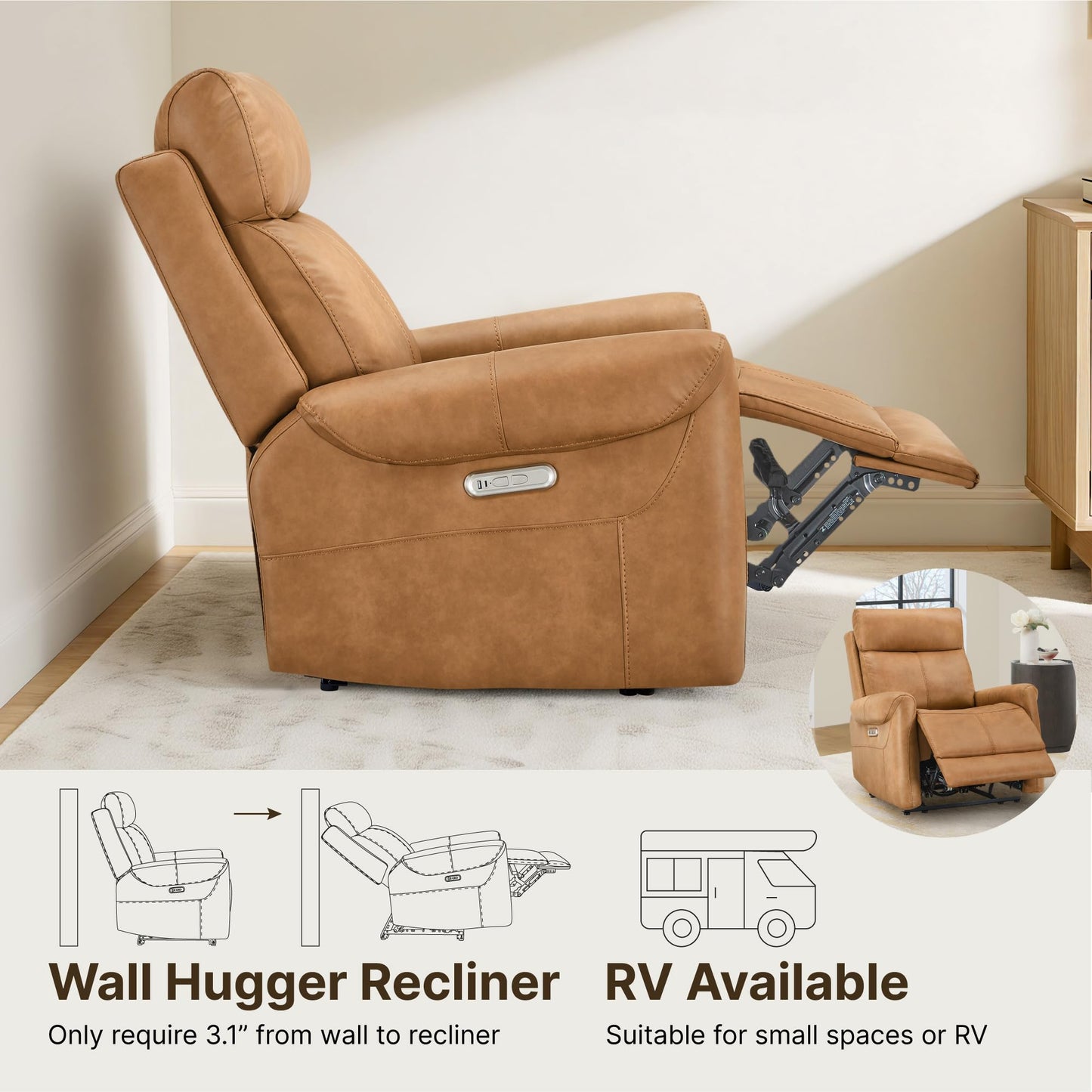 KISLOT Leather Recliner Chair for Adults Wall Hugger RV Recliner with USB Charging Ports Electric Power Reclining Sofa for Living Room Home Theater Seating Bedroom