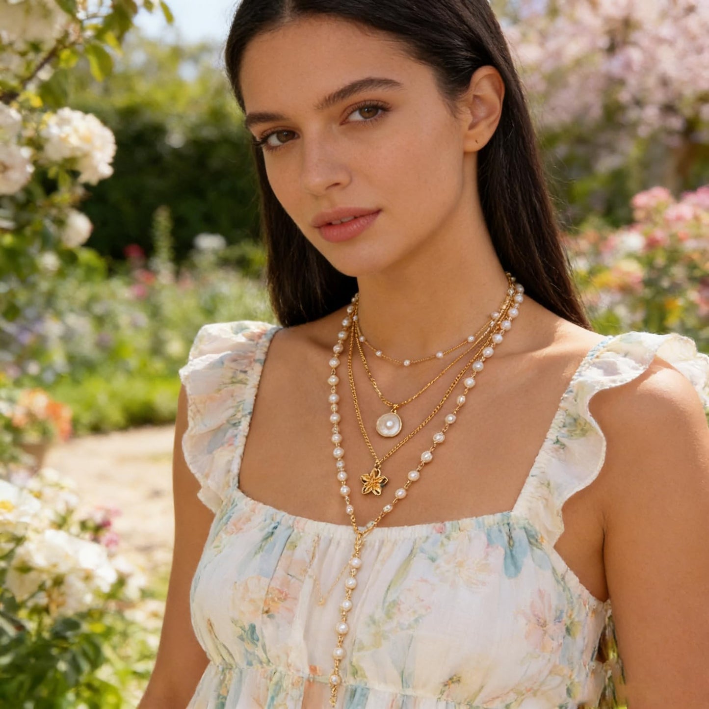 GLRITY Gold Layered Necklaces for Women Stacked Flower Pearl Necklaces Statement Long Y Pendant Necklace Dainty Coastal Summer Beach Vacation Jewelry Gifts