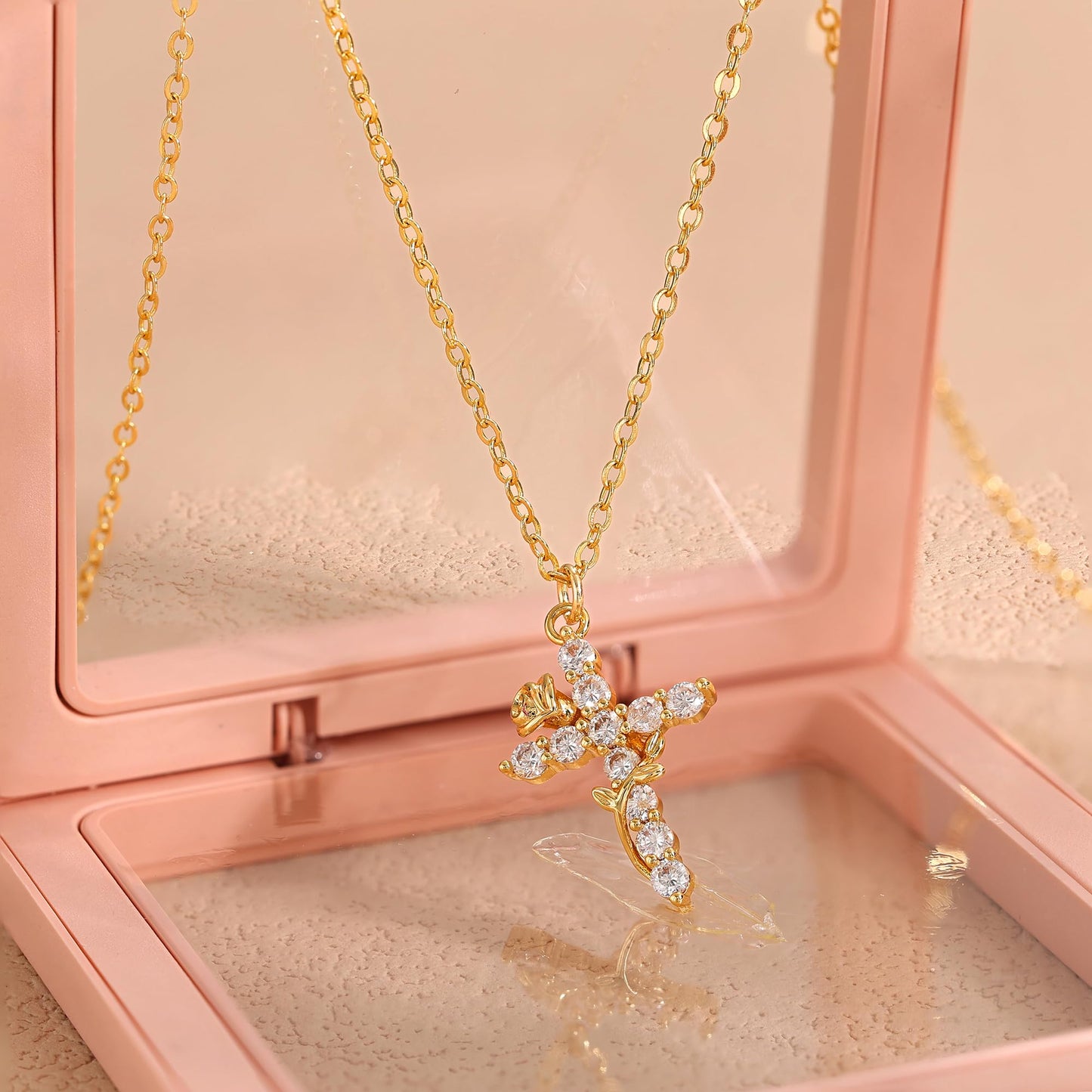 Robaice Flower Cross Necklace for Women, 14K Gold Plated Dainty Cubic Zirconia Faith Cross Pendant, Christian Religious Jewelry Gifts