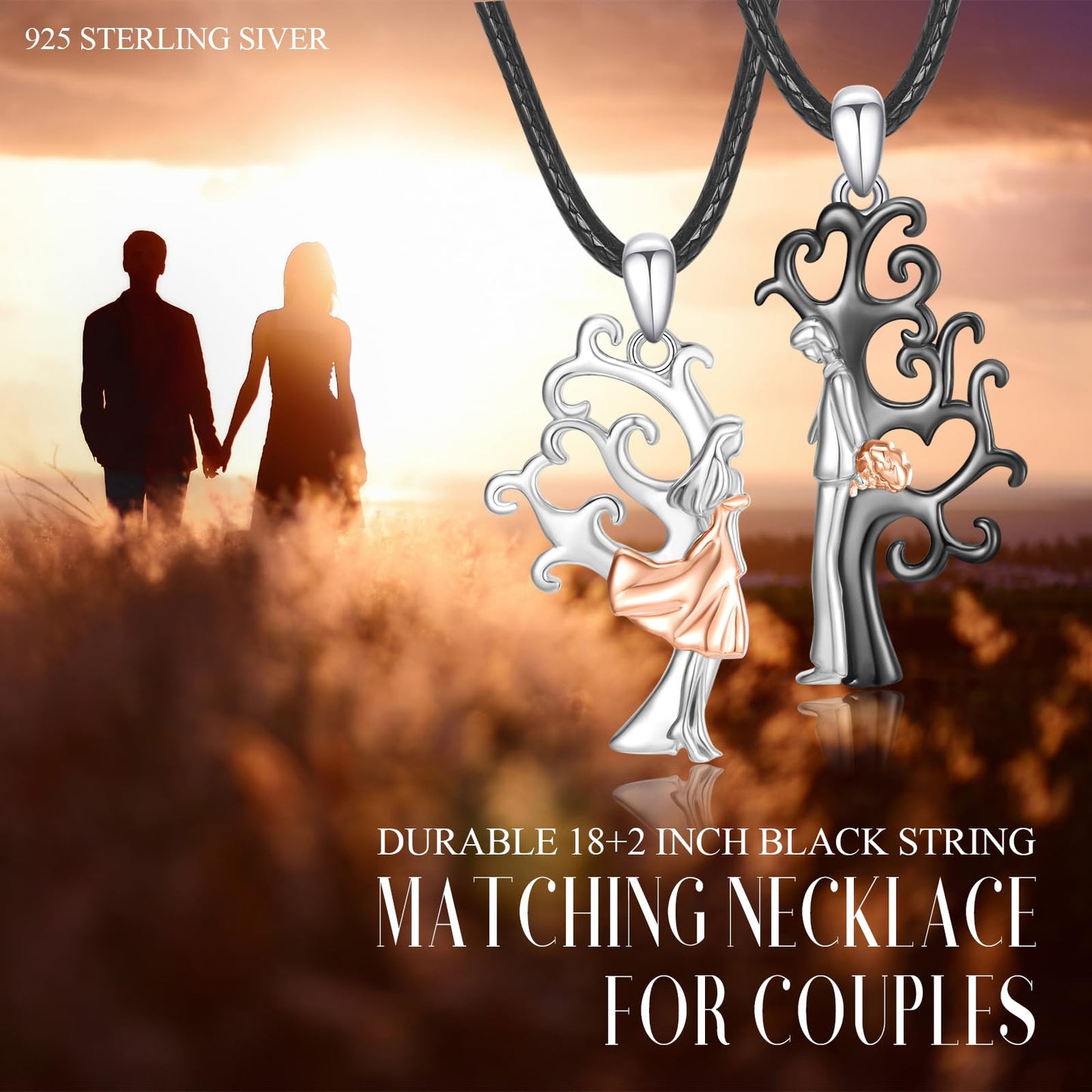 OHAYOO Couple Matching Necklace 925 Sterling Silver Black and White Tree of Life Necklace for Couple Jewelry Gift for Him and Her