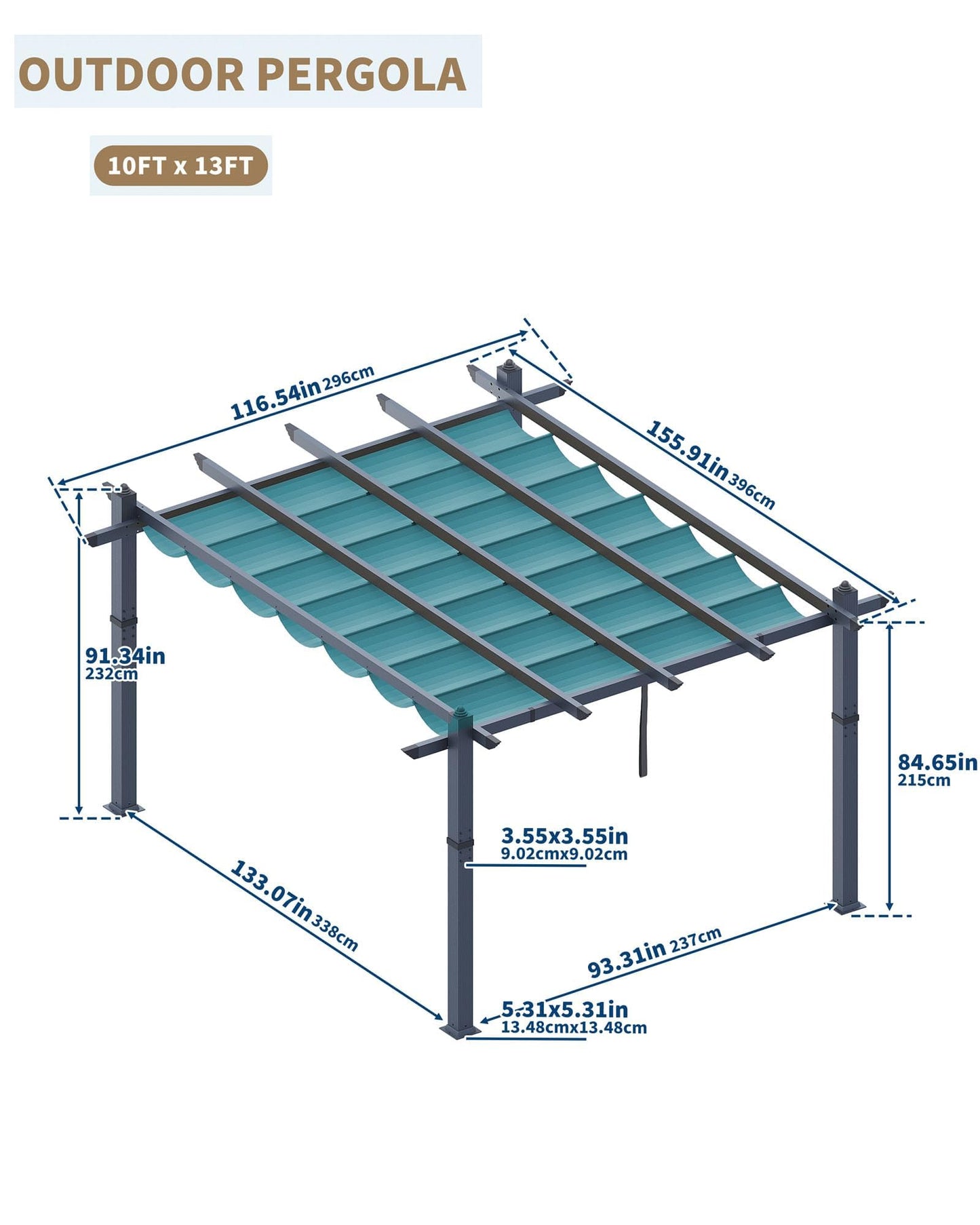 KYBOLT 10x13 Ft Aluminum Pergola with Retractable Canopy Metal Gazebo for Garden Backyard Deck Porch Grape Trellis(Blue)