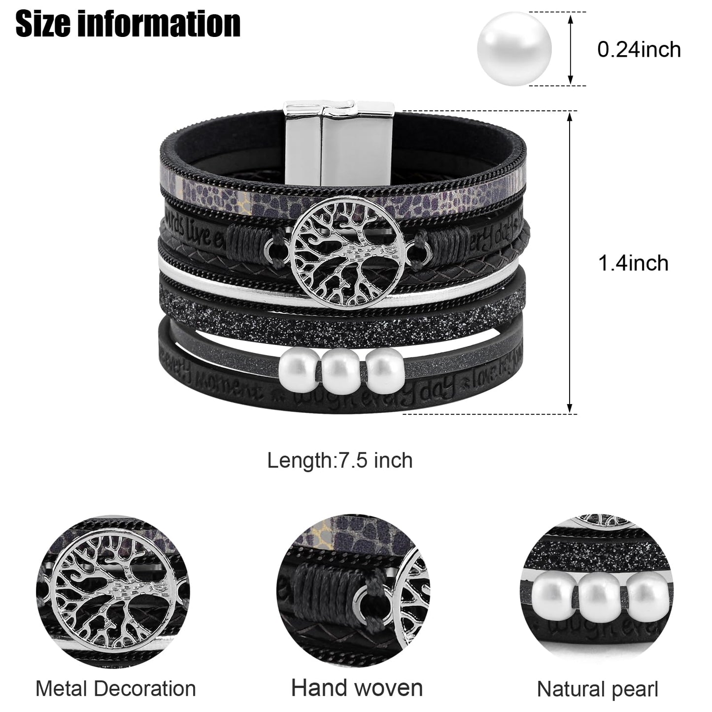 VIBILIA Boho Leather Wrap Bracelets for Women Tree of Life Multi-Layer Bracelets with Strong Clasp Jewelry for Women-Black