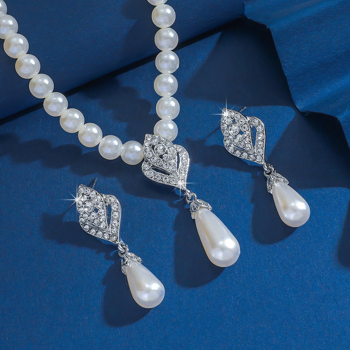 Pearl Necklace and Earring Set for Women,Pearl Jewelry Set Fake Pearls Necklace Imitation Beaded Collar de Perlas Para Mujer Necklaces for Prom Bridesmaid Costume Accessories B-Silver Water Drop