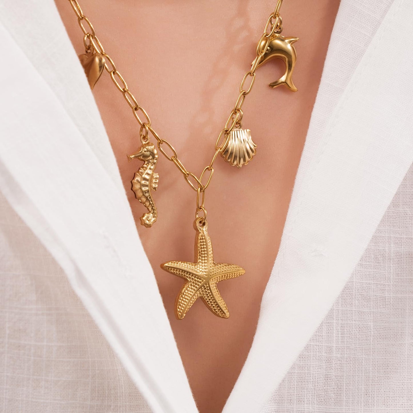 Chunky Gold Necklace Statement Boho Beach Ocean Summer Stainless Steel Jewelry Shell Starfish Turquoise Dolphin Pearl Sun Flower Wave Heart Fish Charm Choker Necklaces for Women(Gold)