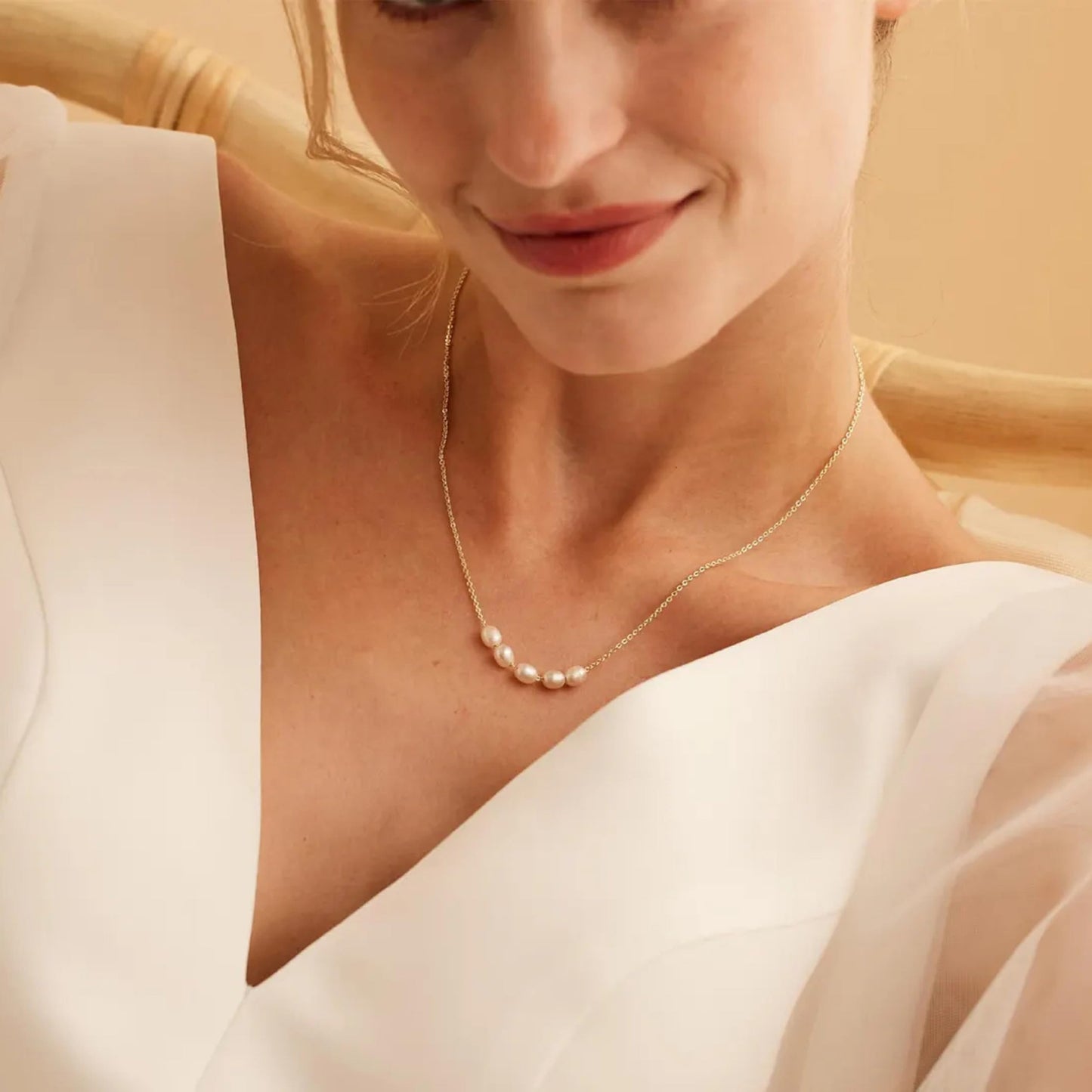 Caenyo Five Pearl Choker Necklace, 14K Real Gold Plated, Hypoallergenic & Tarnish Resistant, Simple & Chic Jewelry for Women, Adjustable 16+2 Inch