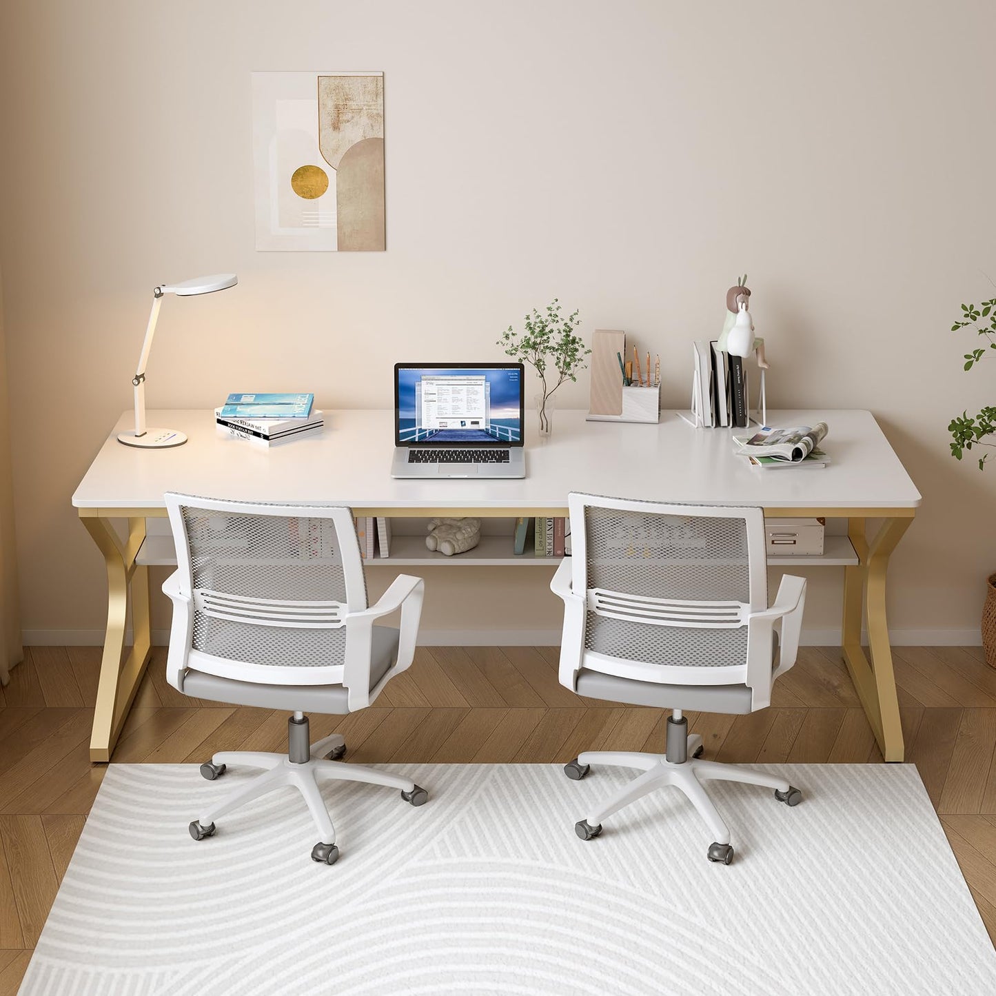 OSCHF Extra Long Desk with Bookshelf - 71" Double Long Writing Table for 2-Person Workstation, Modern Study Work Computer Desk for Home and Office, Gold