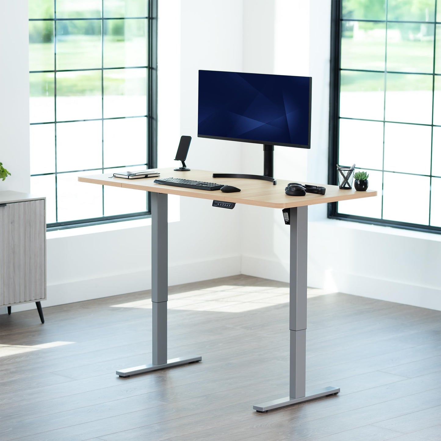 VIVO Electric 60 x 24 in Standing Desk, Memory Height Adjustment, 1B Series, Holds 220 lbs, One-Piece Light Wood Top, Gray Frame, DESK-KIT-1G6C