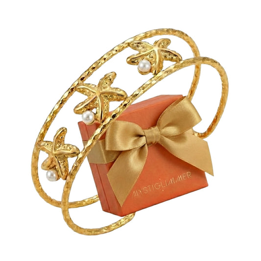 MystiGlimmer Starfish Bracelet with Luxury Gift Box 18K Gold Plated Stainless Steel, Adjustable Open Cuff, Waterproof & Hypoallergenic Jewelry Gift for Women (3Starfish)