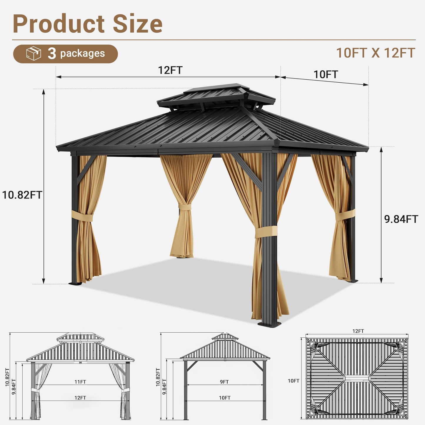 10 x 12 ft Hardtop Gazebo, Galvanized Steel Double Roof with Curtains and Netting, Aluminum Frame Patio Gazebo for Patio, Garden and Lawn