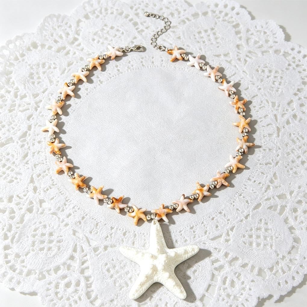 Boho Chunky Gold Starfish Necklace for Women,Trendy Large Baroque Faux Pearl Beaded Statement Pendant Necklace Jewerlry Accessories Gifts for Beach Holiday (White)