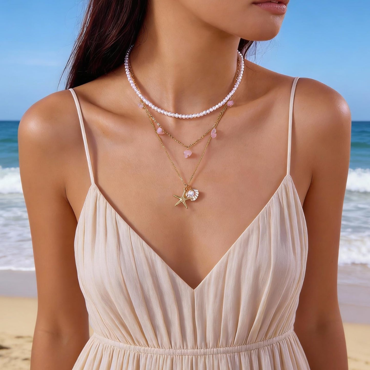 KummerSaprk Seashell Necklace Summer Vacation Jewelry for Women Gold Beachy Necklace Stack Starfish Flower Cowrie Sea Shell Pendant Necklaces Summer Essentials Accessories Gifts