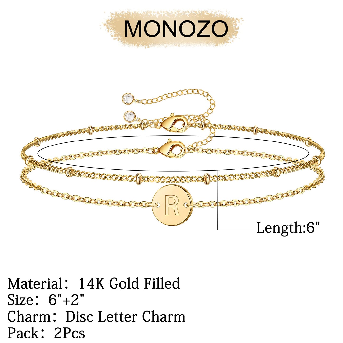 MONOZO Initial Charm Bracelets for Women, Dainty 14K Gold Filled R letter Initial Bracelet Women Disc Monogram Bracelet Jewelry Gifts for Birthday Valentines Thanksgiving Christmas Anniversary
