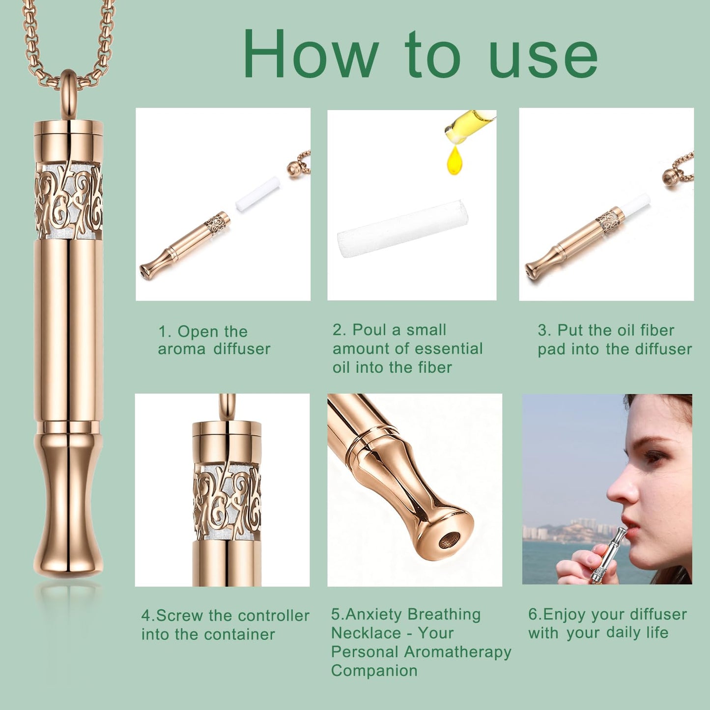 Anxiety Relief Pendant Mindfulness Breathing Necklace - Essential Oil Diffuser & Personal Inhaler Aromatherapy Necklaces for Women & Men (Rose Gold)