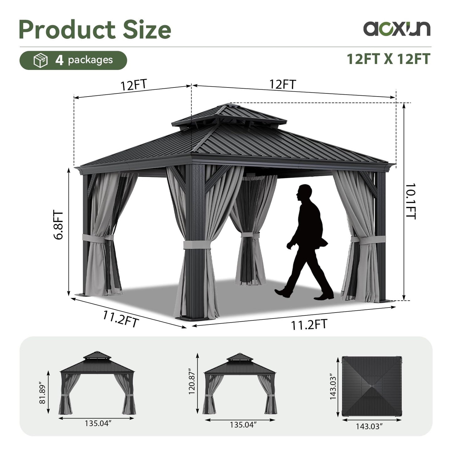 Aoxun 12' X 12' Hardtop Gazebo with Drainage System, Aluminum Outdoor Gazebo with Galvanized Steel Double Roof, Patio Permanent Metal Pavilion with Netting, for Garden, Deck, Backyard, Grey
