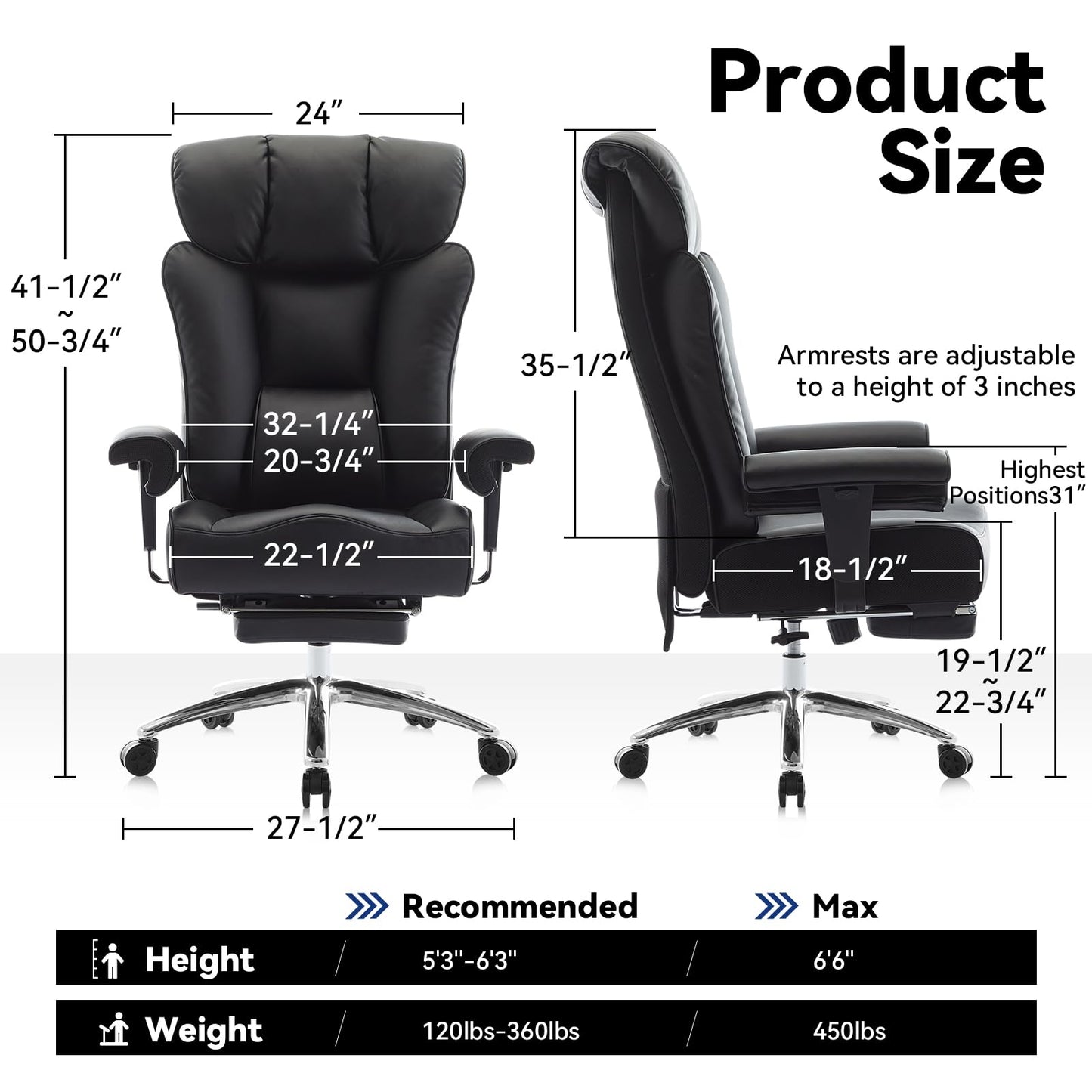 Efomao Big and Tall Office Chair with Footrest, 450lbs High Back Executive Chair with Spring Cushion, PU Leather Upholstery, Padded Armrests, Swivel Base, and Rolling Wheels – Black Computer Chair