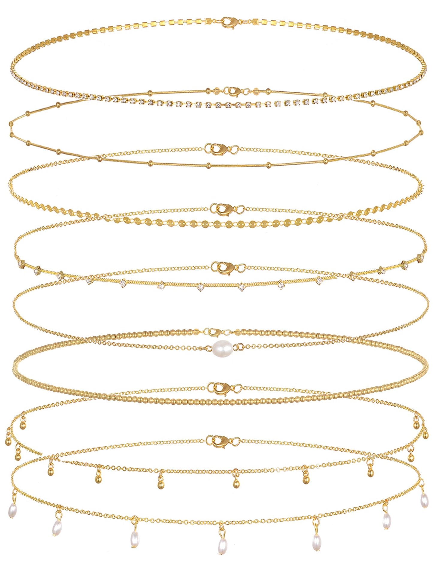 Tornito 8Pcs Waist Belly Chain 18K Gold Plated CZ Pearl Bead Belly Chain Summer Beach Sexy Body Chains Jewelry Accessories for Women Adjustable