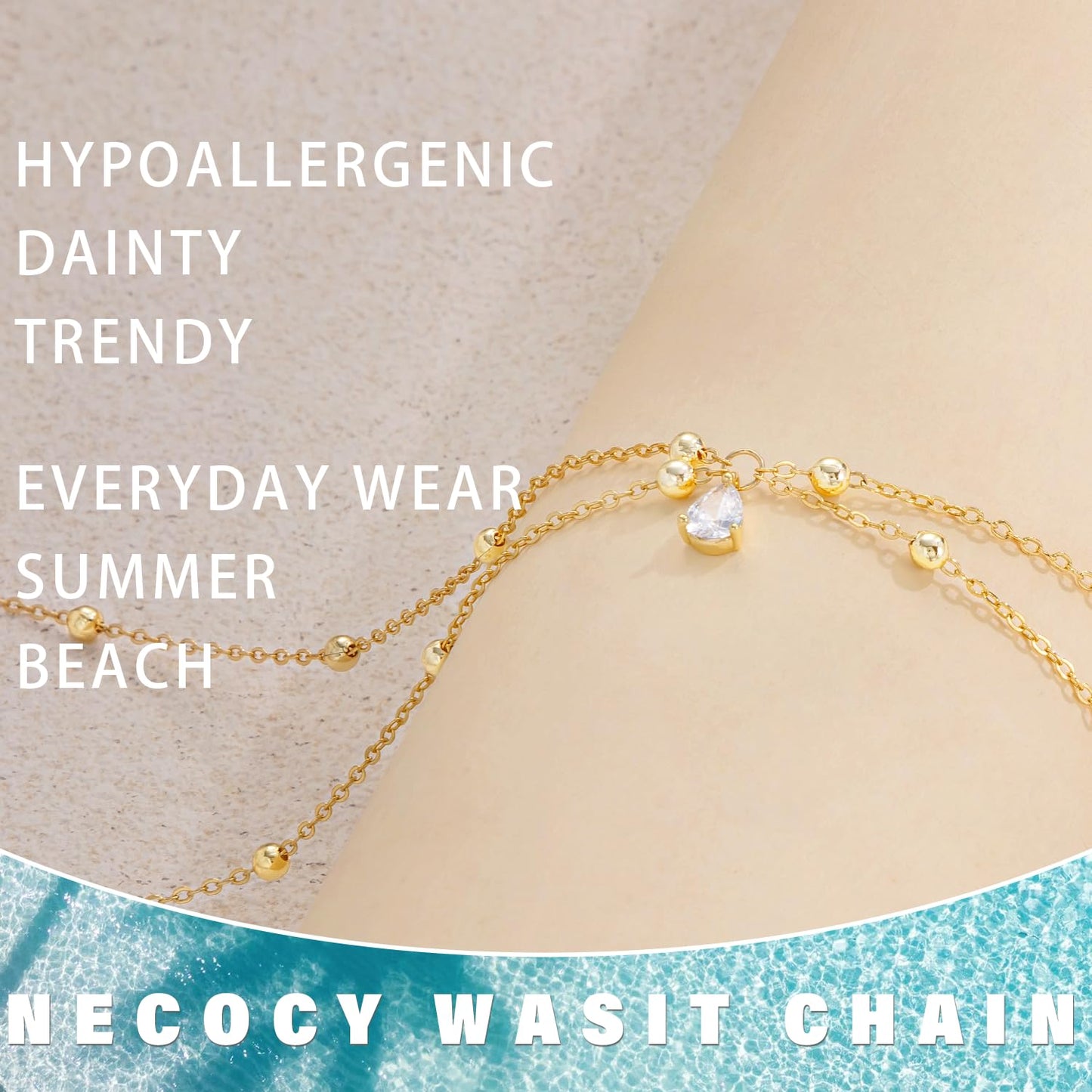 NECOCY 14K Gold Plated Beaded Waist Chain for Women Sexy, Waterproof CZ Layered Belly Belt Body Chain Fashion Summer Beach Body Chain Adjustable Waist Body Charm Jewelry Accessories Vacation Party