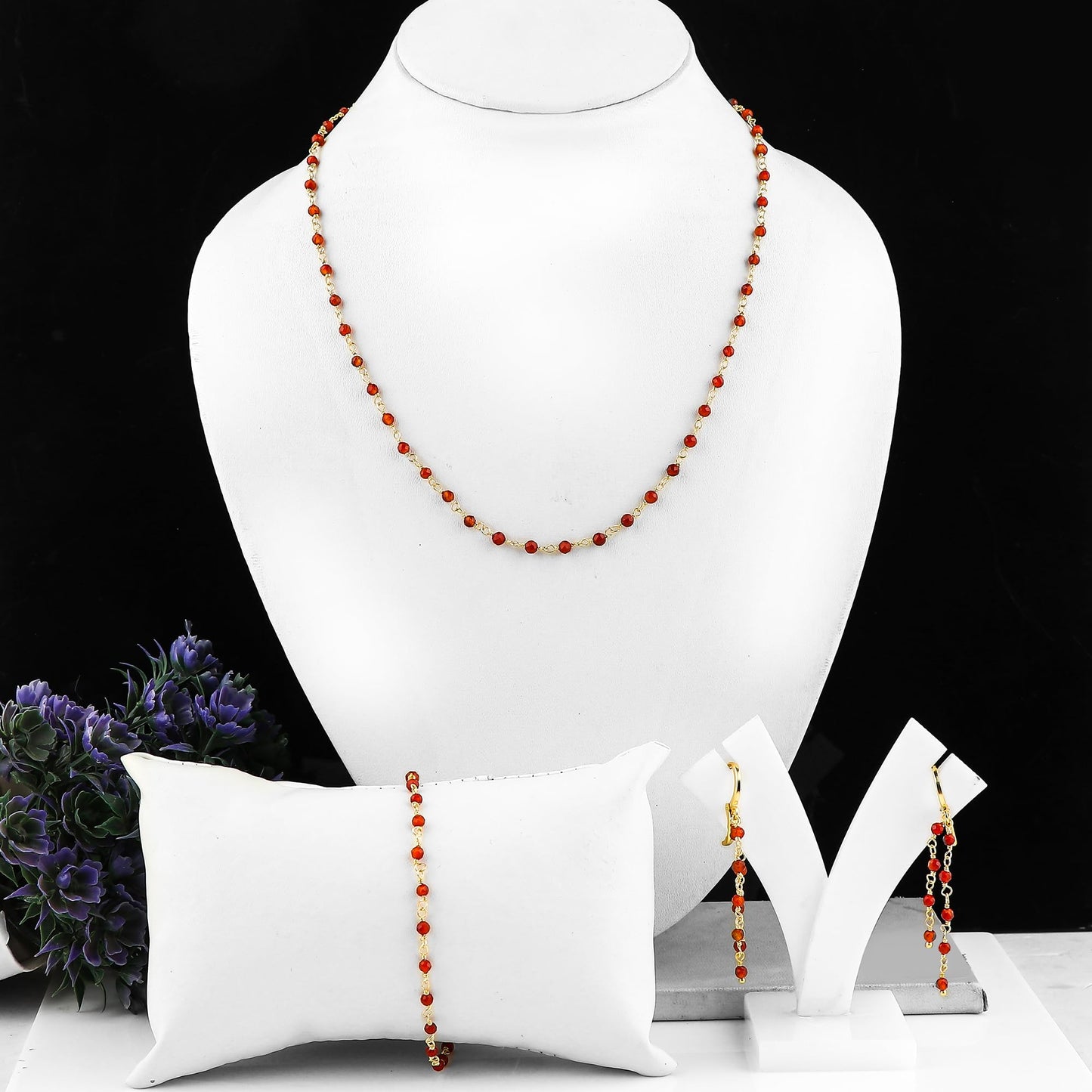 CRYSTALINES (3pcs) Natural Carnelian Gemstone Cluster Jewelry Combo Set, 14K Gold Plated, Crystals Beads Rosary Chain, Handmade Bohemian Jewelry - Bracelets, Necklace, Earrings for Women