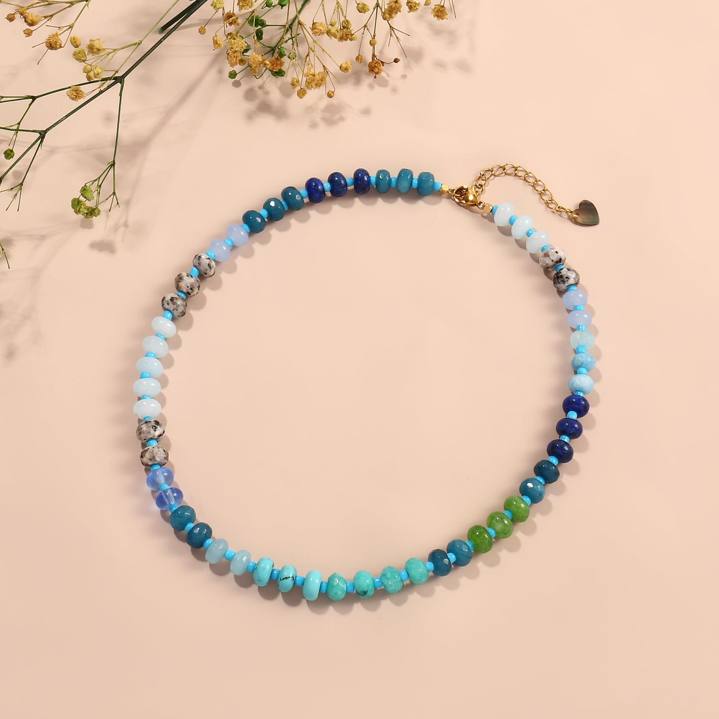 Gemstone Beaded Necklace for Women Colorful Natural Stone Freshwater Pearl Surfer Beach Rainbow Necklace Jewelry Gift (Blue)