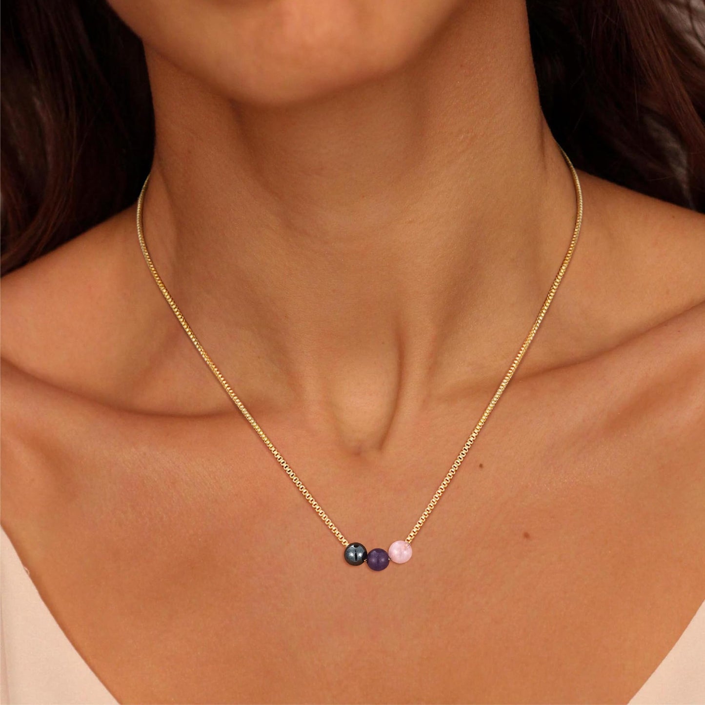 Suarlly Healing Crystal Necklace for Women 14k Plated Gold Beaded Necklace Anxiety Relief Triple Protection Amethyst Gifts for Friends Sister Mom Daughter Jewelry