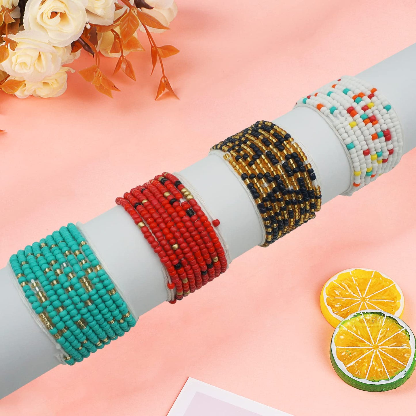 Teniinet 4PCS 50” Handmade African Waist Beads for Women Non-Stretching(Tie-on)