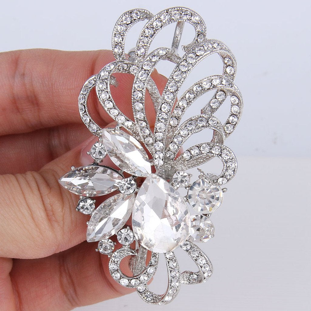 EVER FAITH Silver-Tone Austrian Crystal Bridal Flower Ribbon Teardrop Brooch Pendant Clear