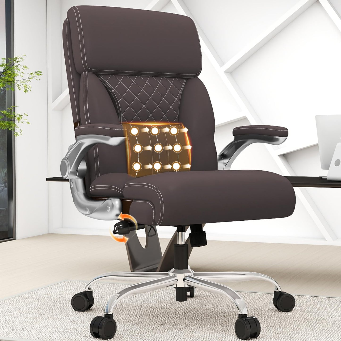 Ergonomic Leather Office Chair with Adjustable Lumbar Support, Flip-Up Armrests Desk Computer Chair, Swivel PC Chair with Rocking Function