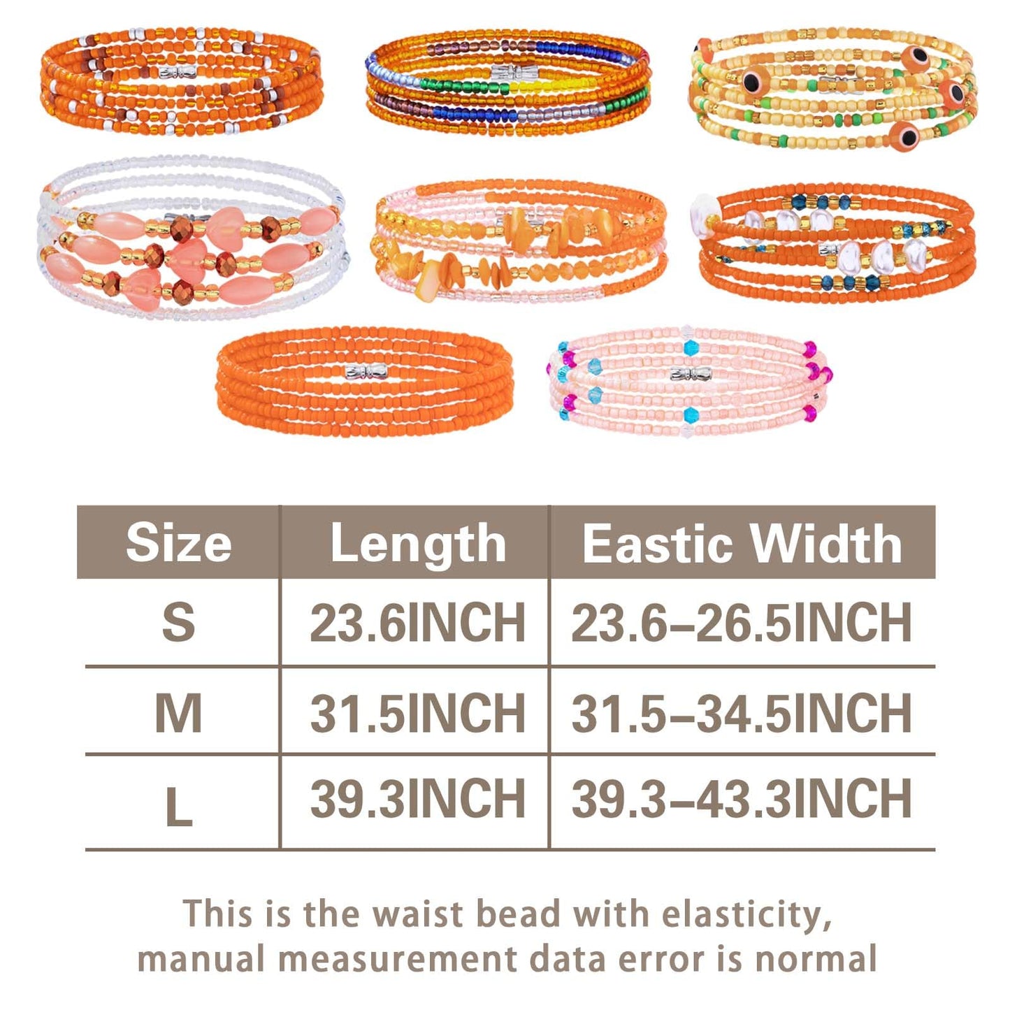 ELABEST Adjustable Handmade Waist Beads Stretchy 23-52 inch 8Pcs Chakra Body Belly Beaded Women Waist, Anklet, Bracelet, Necklace Jewelry with Screw clasp (Orange, 31.5inch/80cm)