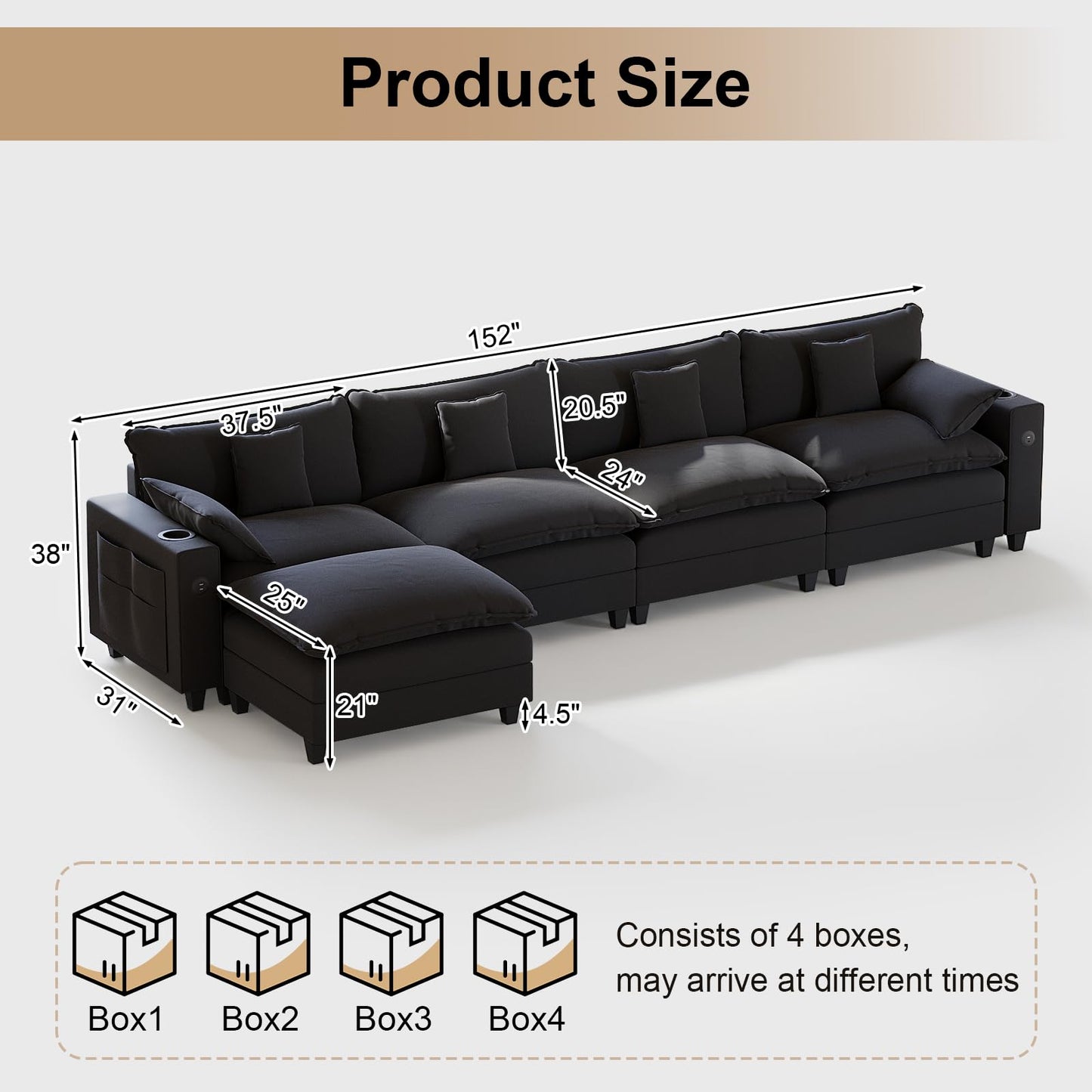 KCGKCG 152" Modular Sectional Sofa, L Shaped Cloud Couch with Movable Ottoman, Chenille Deep Seat Cloud Sofa with Charging Station, Cup Holder, Side Pocket, Sectional Couches for Living Room, Black
