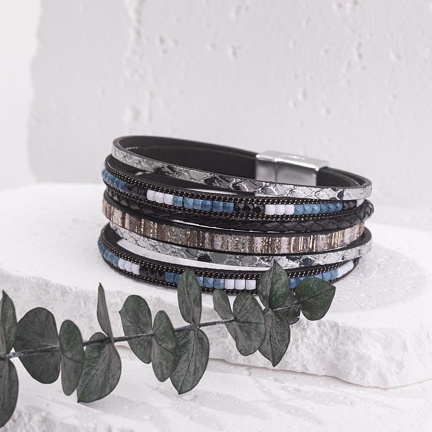 FANCY SHINY Boho Leather Wrap Bracelets Trendy Layered Bracelets with Magnetic Clasp Strackable Bohemian Cuff Jewelry Gifts for Women(Black)