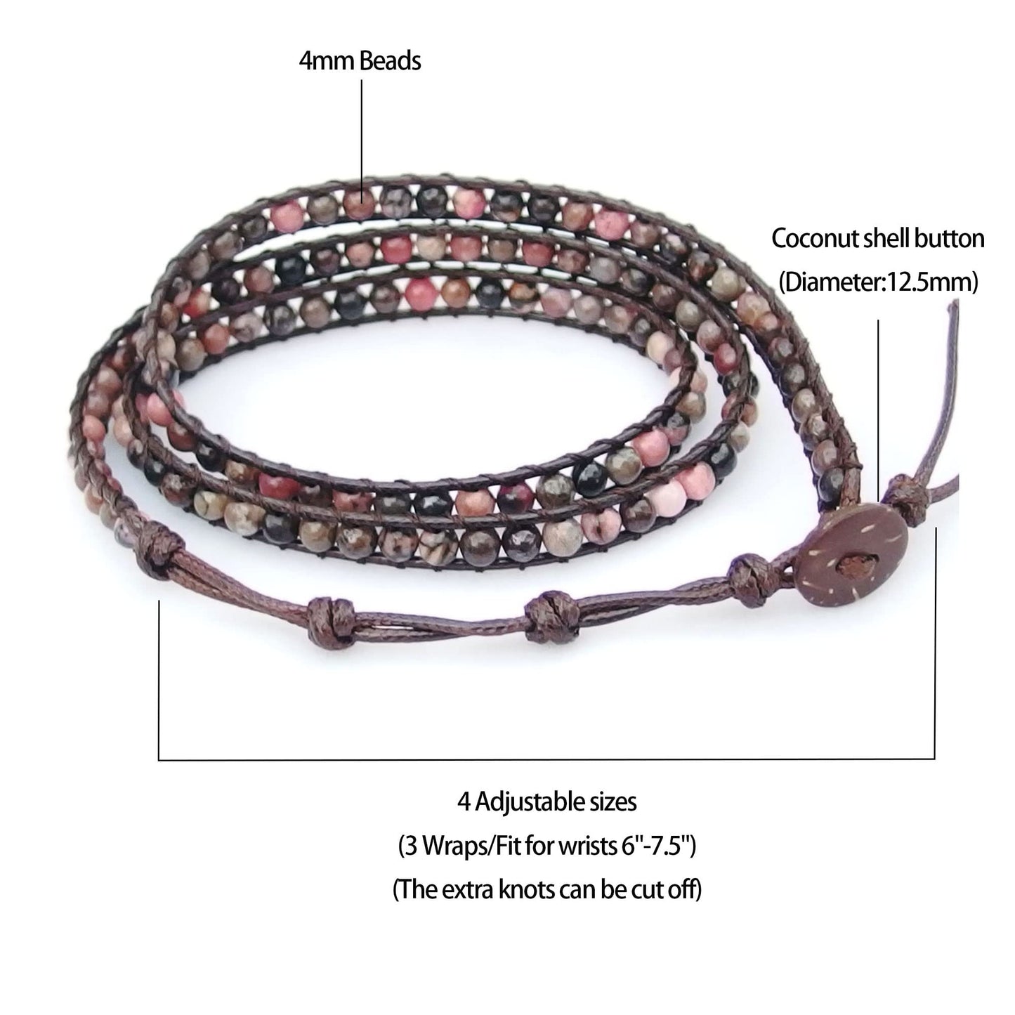Ayriwoyi Beaded Wrap Bracelet Wrap Bracelets for Women Natural Rhodonite Stone Beads Adjustable Bohemian Bracelet Handmade Jewelry Gifts for Women