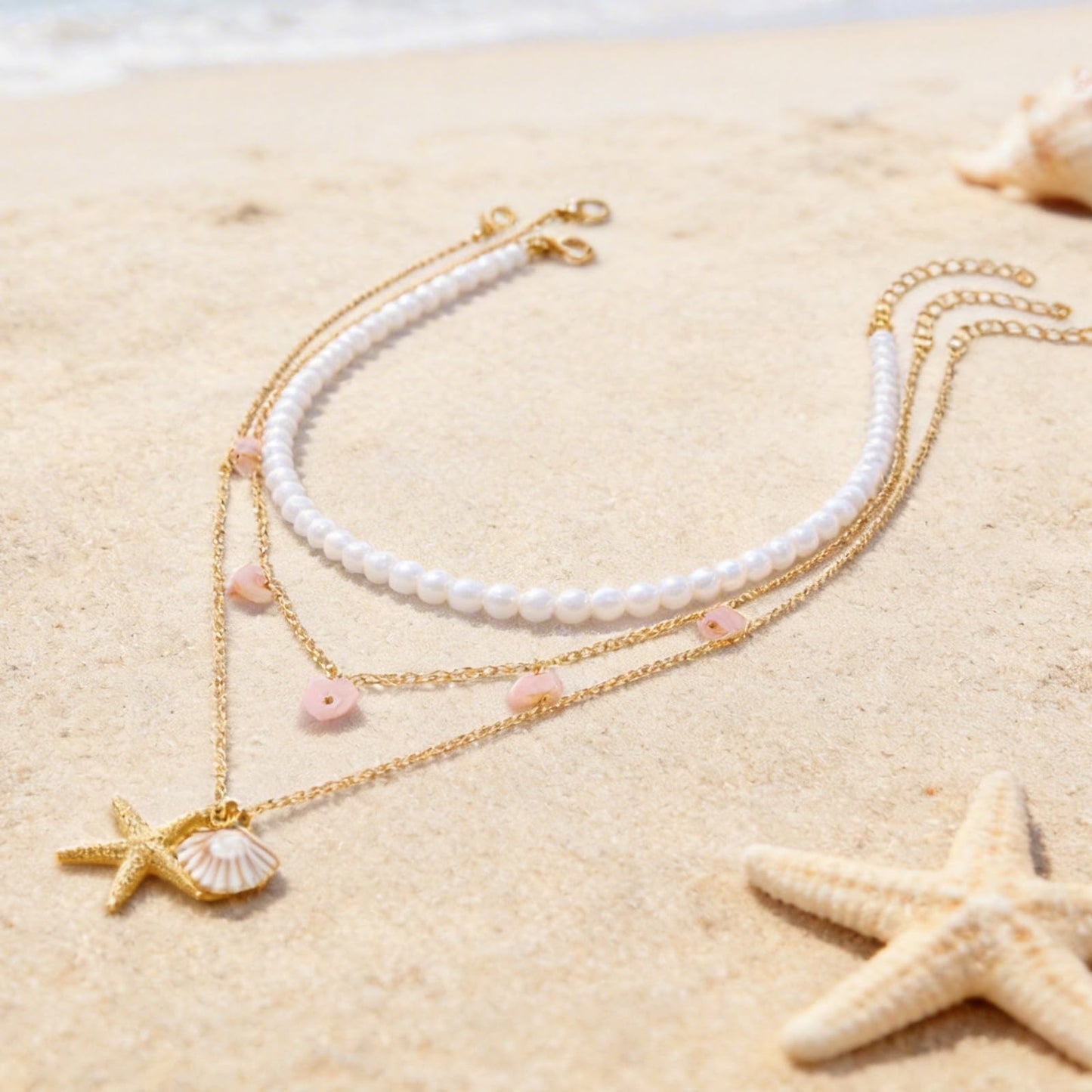 KummerSaprk Seashell Necklace Summer Vacation Jewelry for Women Gold Beachy Necklace Stack Starfish Flower Cowrie Sea Shell Pendant Necklaces Summer Essentials Accessories Gifts