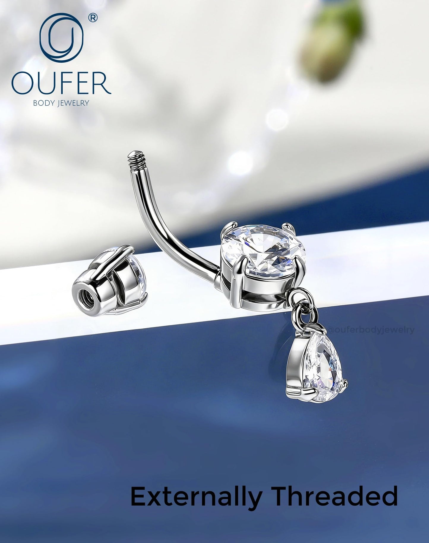 OUFER 3PCS Silver Dangle Belly Button Rings, 316L Surgical Steel Belly Rings for Women Dangling, 14G Flower Crystal Navel Piercing Jewelry, Clear CZ Curved Barbells