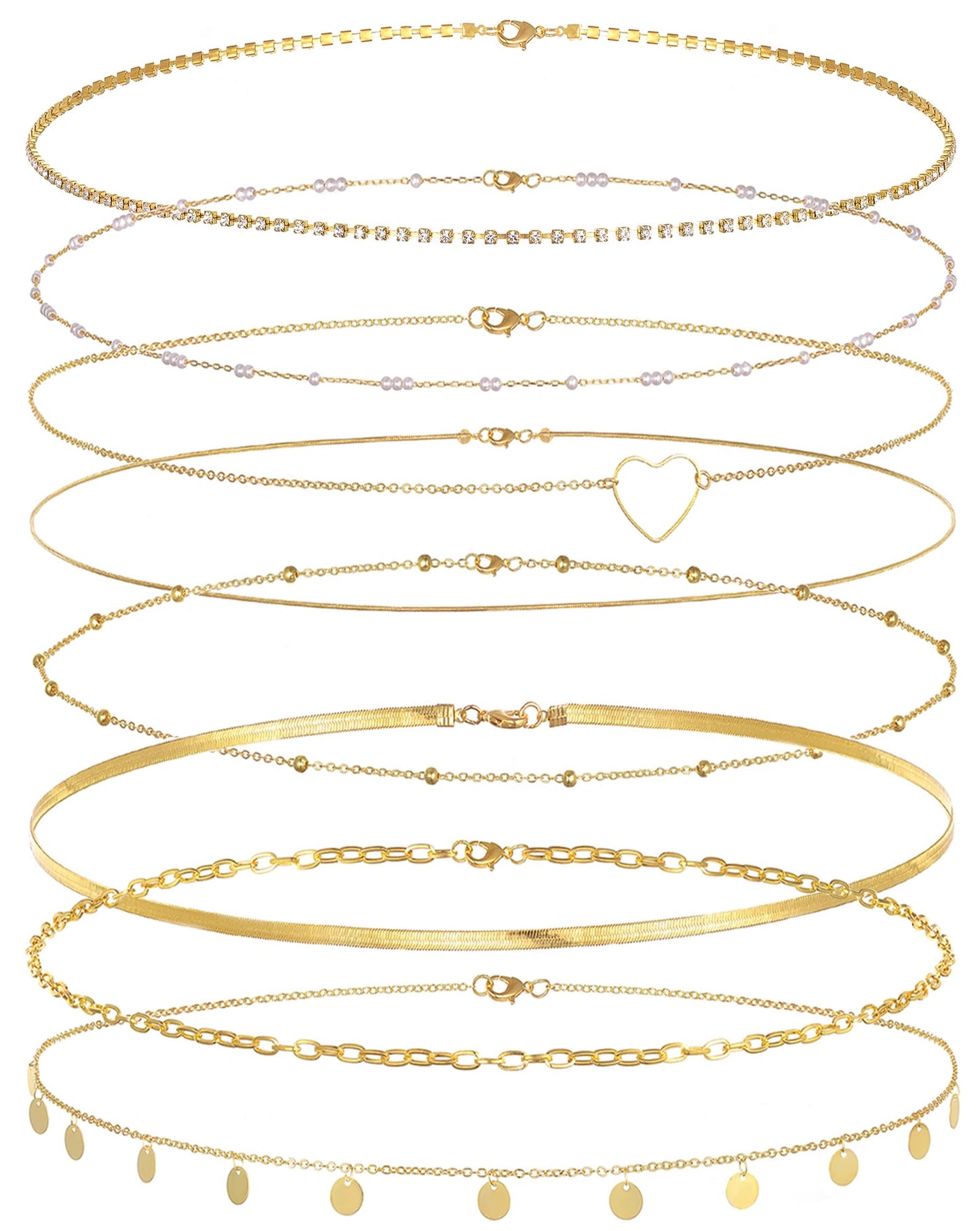 Tornito 8Pcs Waist Belly Chain 18K Gold Plated CZ Heart Pearl Snake Bead Sequin Paperclip Belly Chain Summer Beach Sexy Body Chains Jewelry Accessories for Women Adjustable