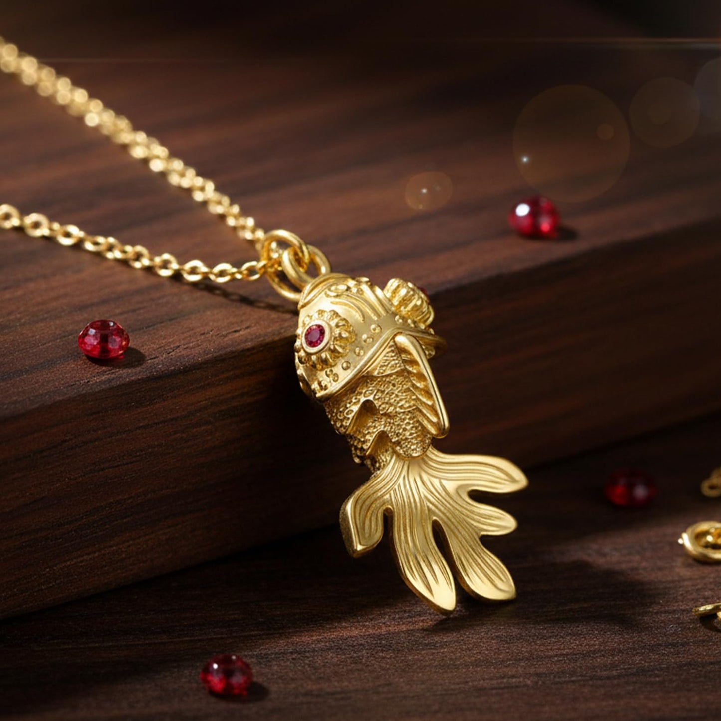 AUMRET Vintage Gold Fish Necklace For Women-Koi Fish Necklace With Ruby Eyes July Birthstone Necklace For Birthday Valentines Day Mother's Day Christmas Gifts