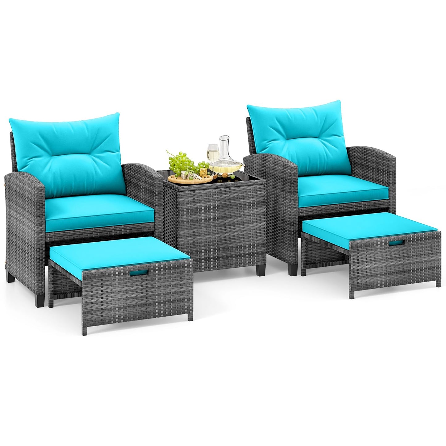 Tangkula 5 Pieces Patio Conversation Set, PE Wicker Rattan Outdoor Furniture Set with 2 Chairs, 2 Ottomans & Tempered Glass Coffee Table, Ideal for Poolside, Backyard, Lawn, Deck, Mix Grey & Turquoise