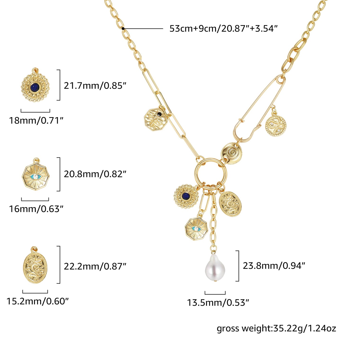 BONJOULRY Charm Necklace for Women Gold Evil Eye Pearl Blue Beads Coin Pendant Necklace Dainty Paperclip Chain Vintage Luck Amulet Choker Necklaces Celestial Jewelry Gift