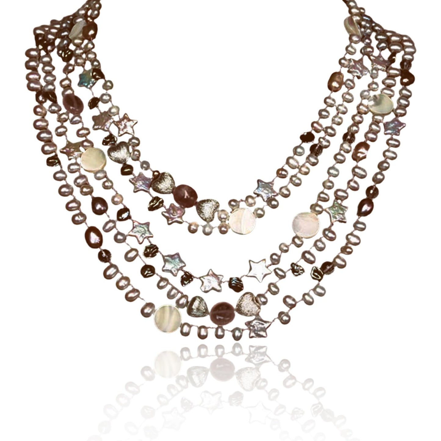 Handmade Freshwater Pearl Necklace for Women - 18inch Elegant Teardrop White Pearls 5-Strand with Vintage Beaded Charms Baroque Pearl, Shell, Rose Quartz & Crystal
