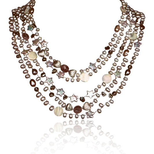 Handmade Freshwater Pearl Necklace for Women - 18inch Elegant Teardrop White Pearls 5-Strand with Vintage Beaded Charms Baroque Pearl, Shell, Rose Quartz & Crystal