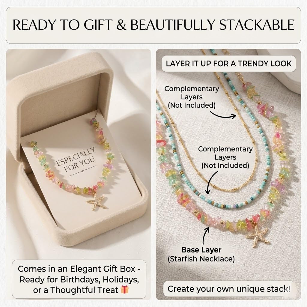 Boho Shell Pendant Necklace Starfish Pearl Beaded Summer Jewelry Y2K Statement Charm Necklaces Colorful Stone Daily&Holiday Jewelry Gifts for Women (A:starfish)