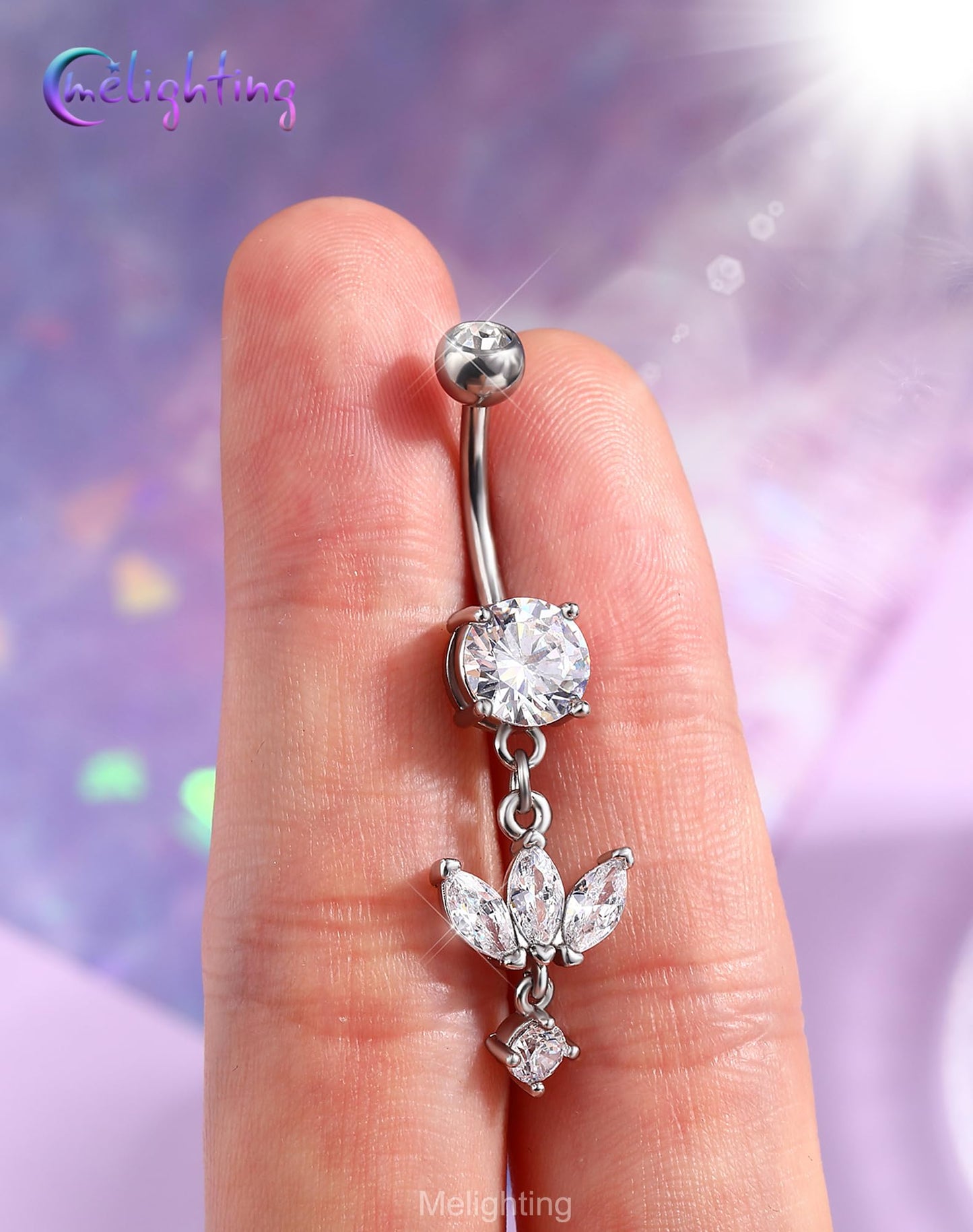 Melighting Minimalist Lotus Belly Button Ring 14G 10mm Navel Ring with Three Marquise CZ Petals and Dangling Round Zircon, 316L Stainless Steel Belly Piercing Jewelry in Silver