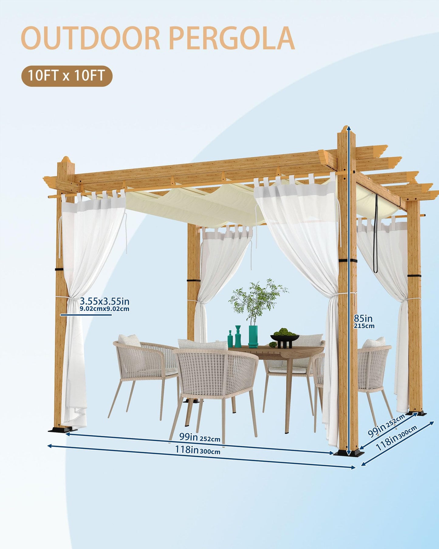 KYBOLT 10x10 Ft Outdoor Pergola with Retractable Canopy Metal Gazebo Imitation Wood-Grain Column with Side Mesh Screen Modern Pavilion for Backyard(Beige+White)